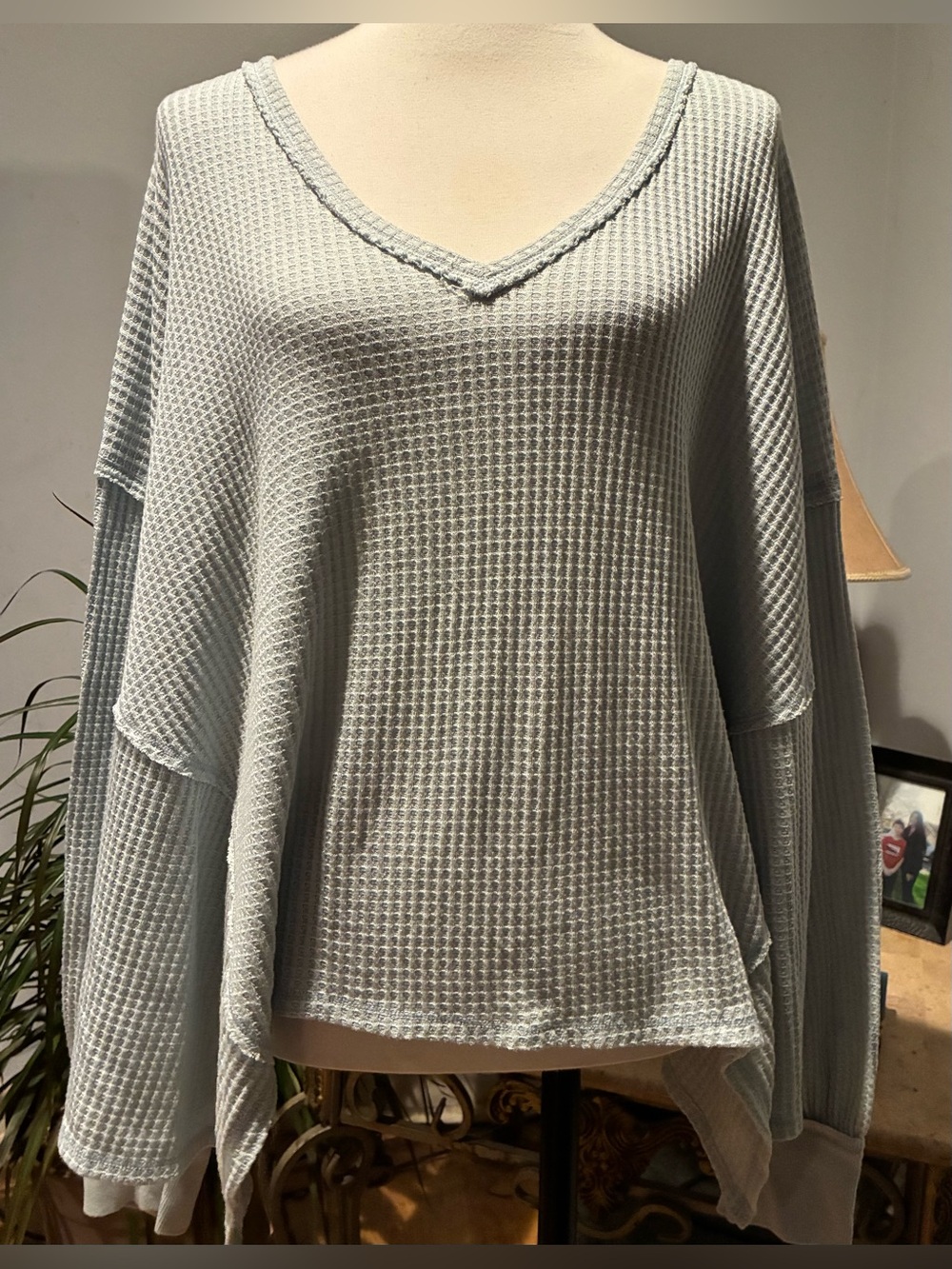 We the Free Caroline Waffle Knit Balloon Sleeve Thermal Top/Blue Size L  Boho